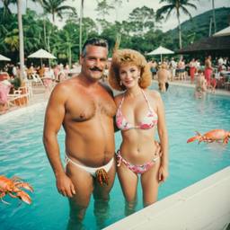 Overweight pool party, pineapples and flamingos (surreal), FFF Cruises: Voyage 01 · FFF\CRS\017\014