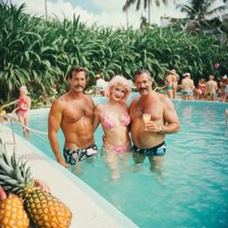 Overweight pool party, pineapples and flamingos (surreal), FFF Cruises: Voyage 01 · FFF\CRS\017\015