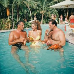 Overweight pool party, pineapples and flamingos (surreal), FFF Cruises: Voyage 01 · FFF\CRS\017\018