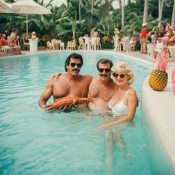 Overweight pool party, pineapples and flamingos (surreal), FFF Cruises: Voyage 01 · FFF\CRS\017\019