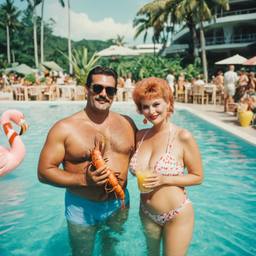 Overweight pool party, pineapples and flamingos (surreal), FFF Cruises: Voyage 01 · FFF\CRS\017\020