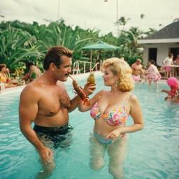 Overweight pool party, pineapples and flamingos (surreal), FFF Cruises: Voyage 01 · FFF\CRS\017\022