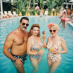 Overweight pool party, pineapples and flamingos (surreal)