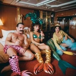 The Captain in bed with mermaid dancers, FFF Cruises: Voyage 01 · FFF\CRS\020\010