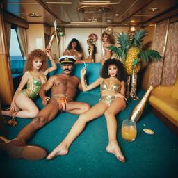 The Captain in bed with mermaid dancers, FFF Cruises: Voyage 01 · FFF\CRS\020\018