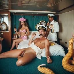 The Captain in bed, cap and uniform, FFF Cruises: Voyage 01 · FFF\CRS\021\018