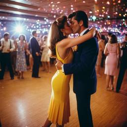 A couple kiss on the dance floor (1970s)