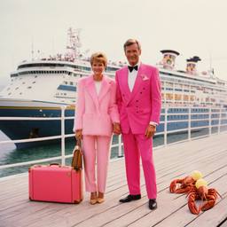 Pink furry suitcases on the dock, FFF Cruises: Voyage 01 · FFF\CRS\031\001