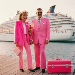 Pink furry suitcases on the dock, FFF Cruises: Voyage 01 · FFF\CRS\031\004