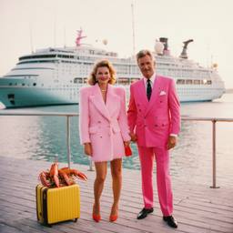 Pink furry suitcases on the dock, FFF Cruises: Voyage 01 · FFF\CRS\031\005