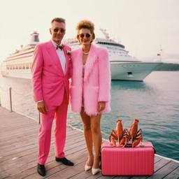 Pink furry suitcases on the dock, FFF Cruises: Voyage 01 · FFF\CRS\031\006