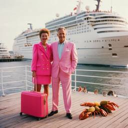 Pink furry suitcases on the dock, FFF Cruises: Voyage 01 · FFF\CRS\031\007