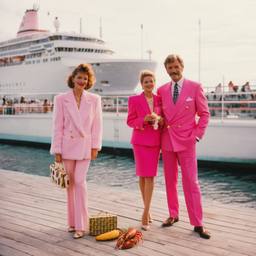 Pink furry suitcases on the dock, FFF Cruises: Voyage 01 · FFF\CRS\031\008
