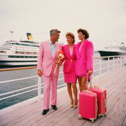 Pink furry suitcases on the dock, FFF Cruises: Voyage 01 · FFF\CRS\031\009