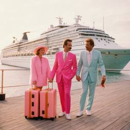 Pink furry suitcases on the dock, FFF Cruises: Voyage 01 · FFF\CRS\031\013