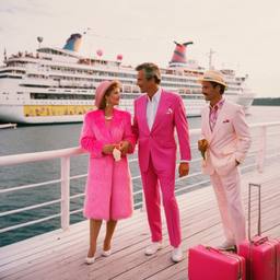 Pink furry suitcases on the dock, FFF Cruises: Voyage 01 · FFF\CRS\031\016