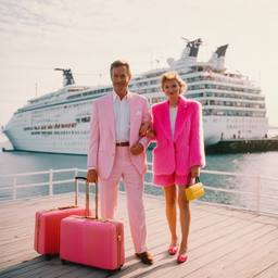 Pink furry suitcases on the dock, FFF Cruises: Voyage 01 · FFF\CRS\031\018
