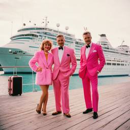 Pink furry suitcases on the dock, FFF Cruises: Voyage 01 · FFF\CRS\031\019