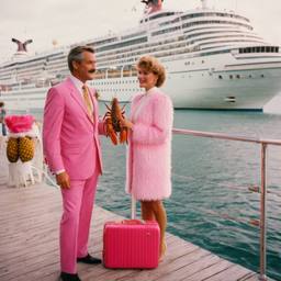Pink furry suitcases on the dock, FFF Cruises: Voyage 01 · FFF\CRS\031\020