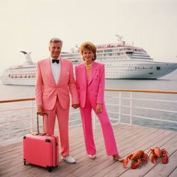 Pink furry suitcases on the dock, FFF Cruises: Voyage 01 · FFF\CRS\031\023