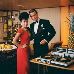 Decks in the dining room, dancers as pineapples and lobsters