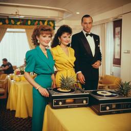 Decks in the dining room, passengers as pineapples and lobsters