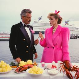 Dinner jacket and ballgown on the dock, FFF Cruises: Voyage 01 · FFF\CRS\041\001