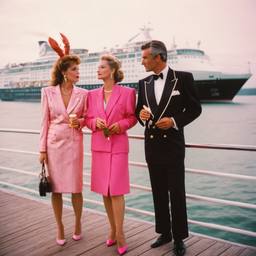 Dinner jacket and ballgown on the dock, FFF Cruises: Voyage 01 · FFF\CRS\041\012