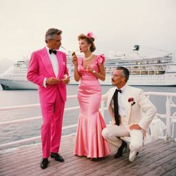 Dinner jacket and ballgown on the dock, FFF Cruises: Voyage 01 · FFF\CRS\041\014