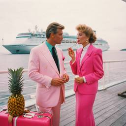 Dinner jacket and ballgown on the dock, FFF Cruises: Voyage 01 · FFF\CRS\041\019