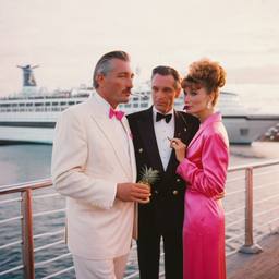 Dinner jacket and ballgown on the dock, FFF Cruises: Voyage 01 · FFF\CRS\041\021