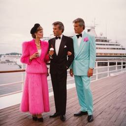 Dinner jacket and ballgown on the dock, FFF Cruises: Voyage 01 · FFF\CRS\041\023