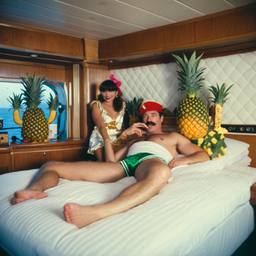 The Captain in bed, pineapple and lobster costumes, FFF Cruises: Voyage 01 · FFF\CRS\050\004