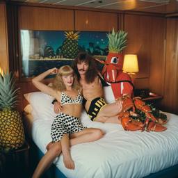 The Captain in bed, pineapple and lobster costumes, FFF Cruises: Voyage 01 · FFF\CRS\050\005