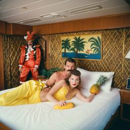 The Captain in bed, pineapple and lobster costumes, FFF Cruises: Voyage 01 · FFF\CRS\050\006