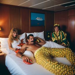 The Captain in bed, pineapple and lobster costumes, FFF Cruises: Voyage 01 · FFF\CRS\050\010