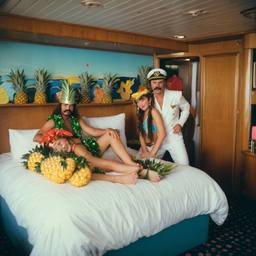 The Captain in bed, pineapple and lobster costumes, FFF Cruises: Voyage 01 · FFF\CRS\050\011