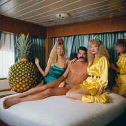 The Captain in bed, pineapple and lobster costumes, FFF Cruises: Voyage 01 · FFF\CRS\050\012