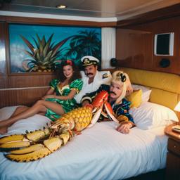 The Captain in bed, pineapple and lobster costumes, FFF Cruises: Voyage 01 · FFF\CRS\050\013