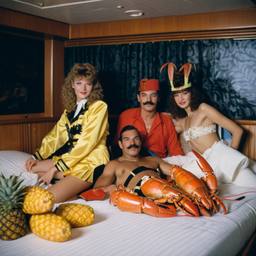The Captain in bed, pineapple and lobster costumes, FFF Cruises: Voyage 01 · FFF\CRS\050\014