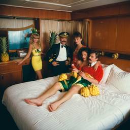 The Captain in bed, pineapple and lobster costumes, FFF Cruises: Voyage 01 · FFF\CRS\050\017