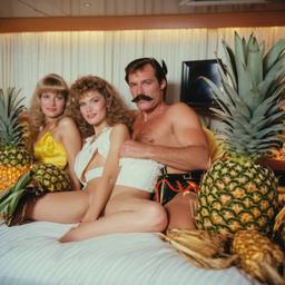 The Captain in bed, pineapple and lobster costumes, FFF Cruises: Voyage 01 · FFF\CRS\050\019
