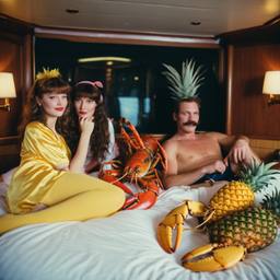 The Captain in bed, pineapple and lobster costumes, FFF Cruises: Voyage 01 · FFF\CRS\050\020