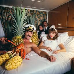 The Captain in bed, pineapple and lobster costumes, FFF Cruises: Voyage 01 · FFF\CRS\050\024