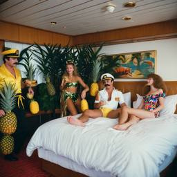 The Captain in bed, pineapple and lobster costumes, FFF Cruises: Voyage 01 · FFF\CRS\050\025