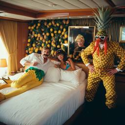 The Captain in bed, pineapple and lobster costumes, FFF Cruises: Voyage 01 · FFF\CRS\050\026
