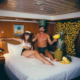 The Captain in bed, pineapple and lobster costumes, FFF Cruises: Voyage 01 · FFF\CRS\050\028