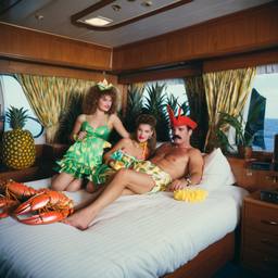 The Captain in bed, pineapple and lobster costumes, FFF Cruises: Voyage 01 · FFF\CRS\050\030