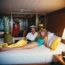 The Captain in bed, pineapple and lobster costumes, FFF Cruises: Voyage 01 · FFF\CRS\050\031