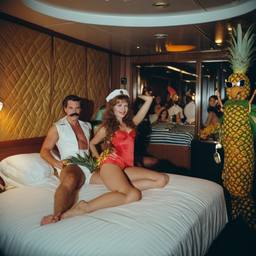 The Captain in bed, pineapple and lobster costumes, FFF Cruises: Voyage 01 · FFF\CRS\050\032